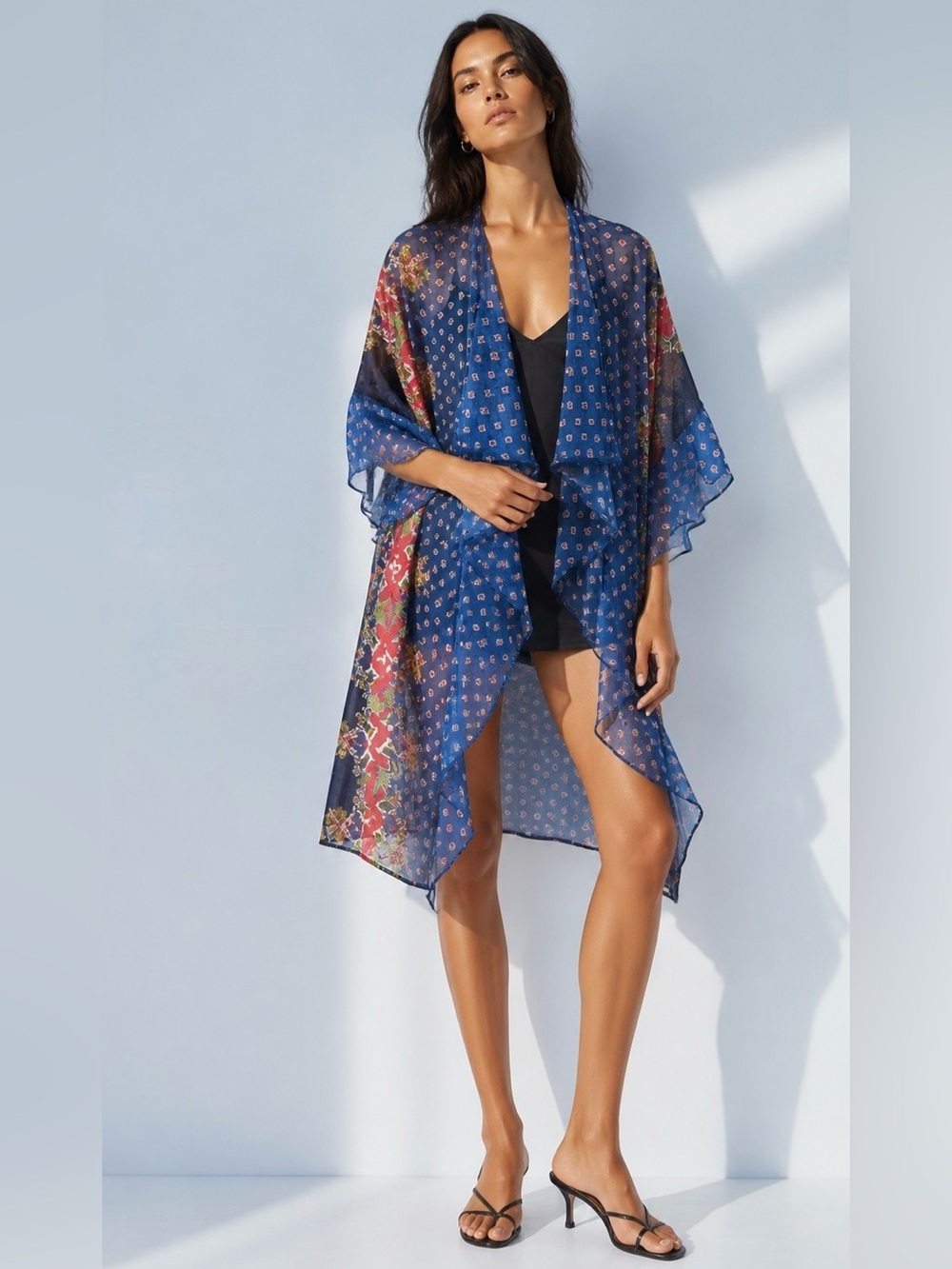 Sheer Floral Kimono Dress - /Beach coverup Blue Multicolor